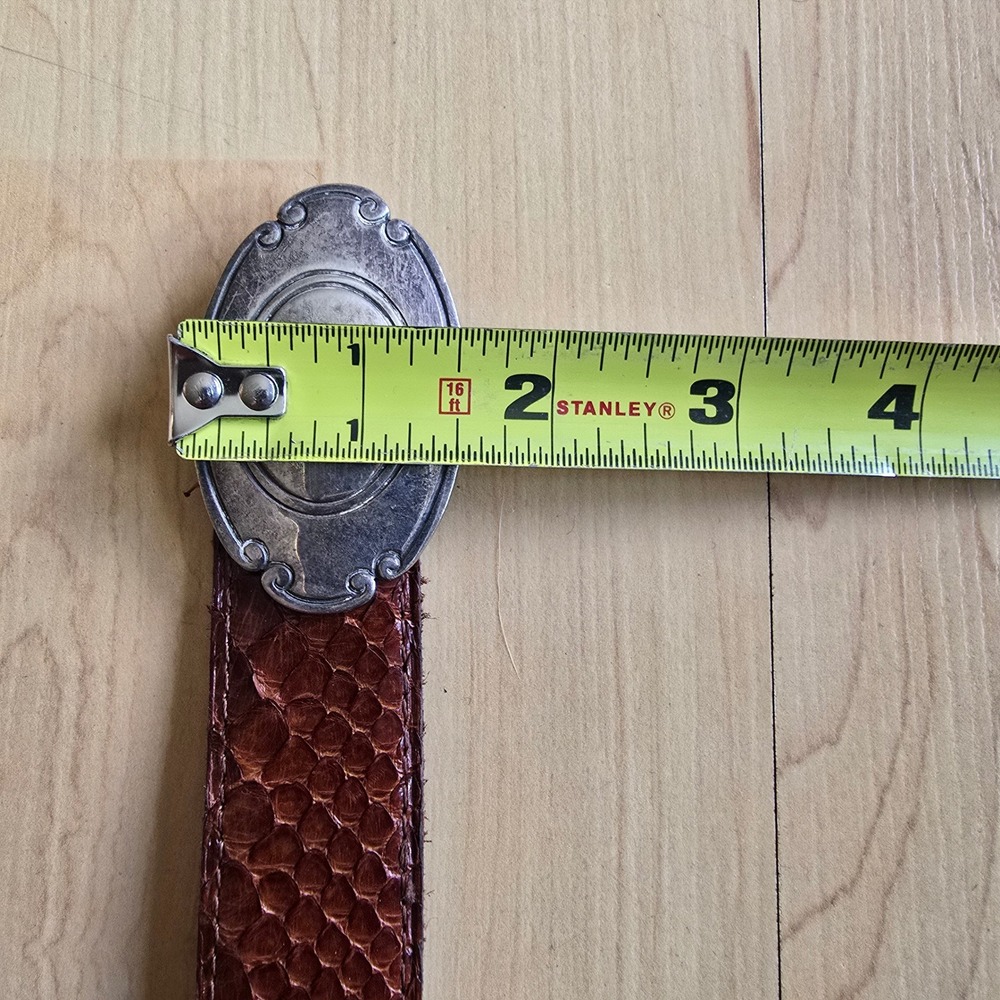 Vintage Cognac Brown Snakeskin Belt with Ornate Silver Oval Buckle Western Boho - Picture 8 of 15